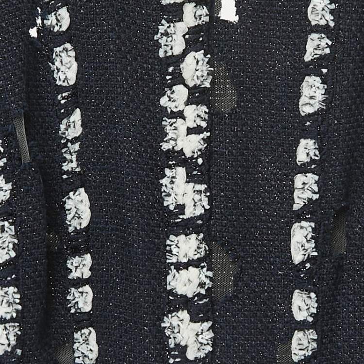 Pre Owned Chanel Navy Blue Tweed Iconic Distressed Zip Front Jacket M