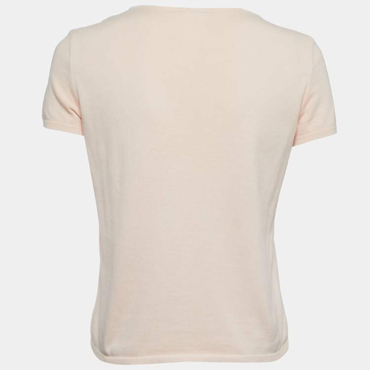 Pre Owned Chanel Light Orange Patterned Knit Short Sleeve Top M