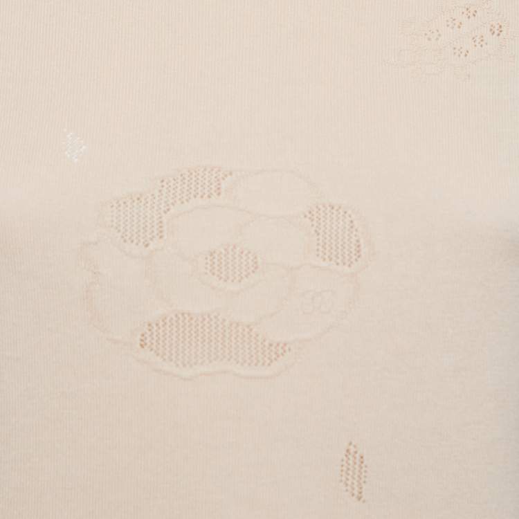 Pre Owned Chanel Light Orange Patterned Knit Short Sleeve Top M