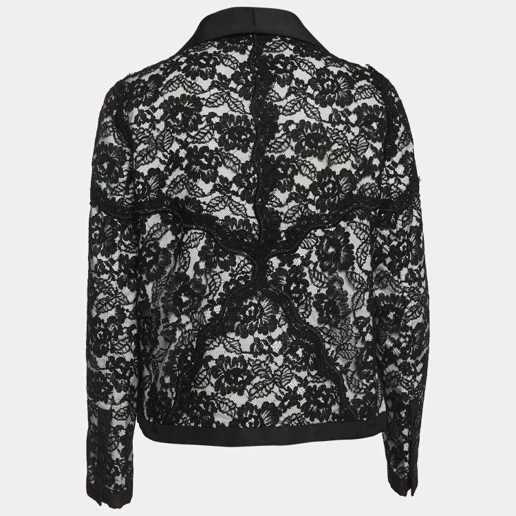 Pre Owned Chanel Black/White Floral Lace Single Button Blazer L