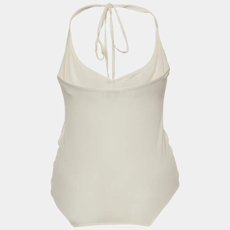 Pre Owned Chanel Off-White Silk Ruffled Halter Neck Top S