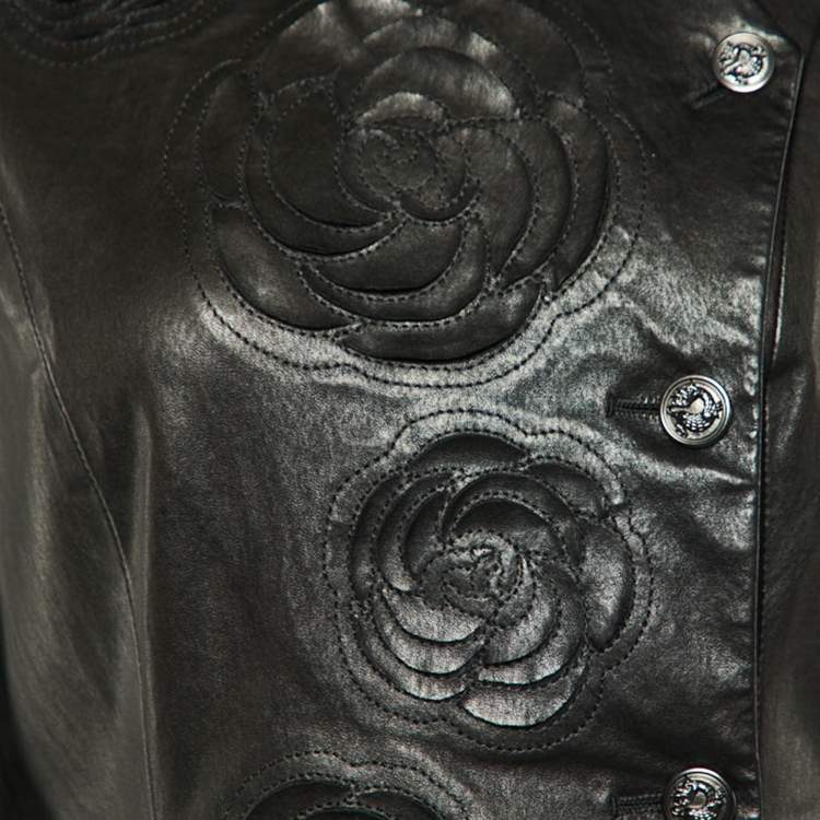 Pre Owned Chanel Black Camelia Cutout Leather Button Front Jacket M