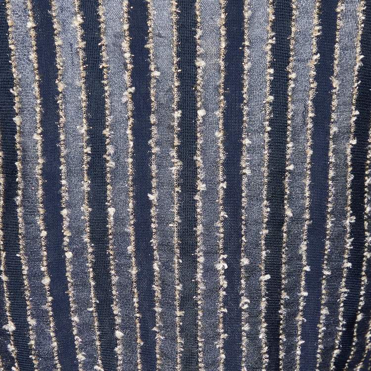 Pre Owned Chanel Navy Blue Striped Lurex Knit Button Front Shrug M