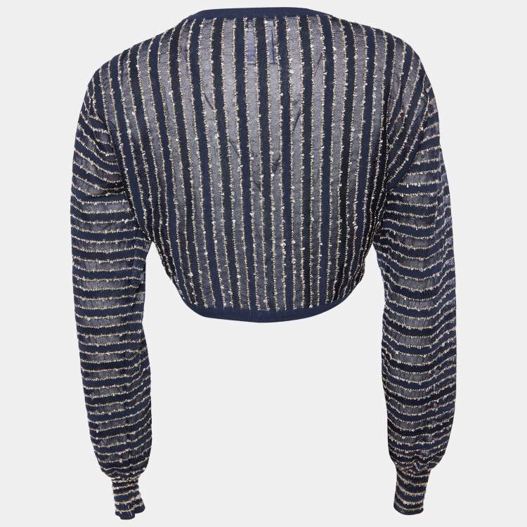 Pre Owned Chanel Navy Blue Striped Lurex Knit Button Front Shrug M