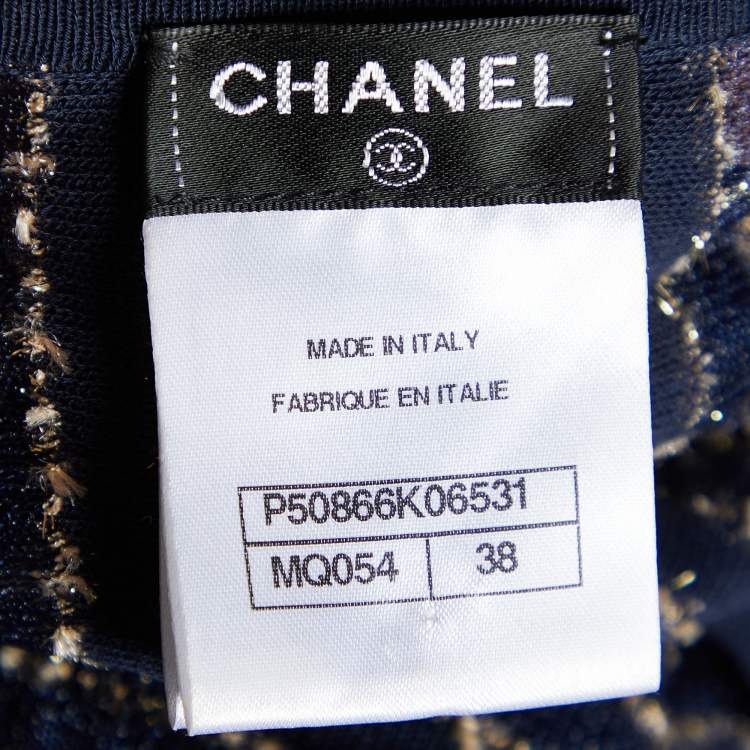Pre Owned Chanel Navy Blue Striped Lurex Knit Button Front Shrug M