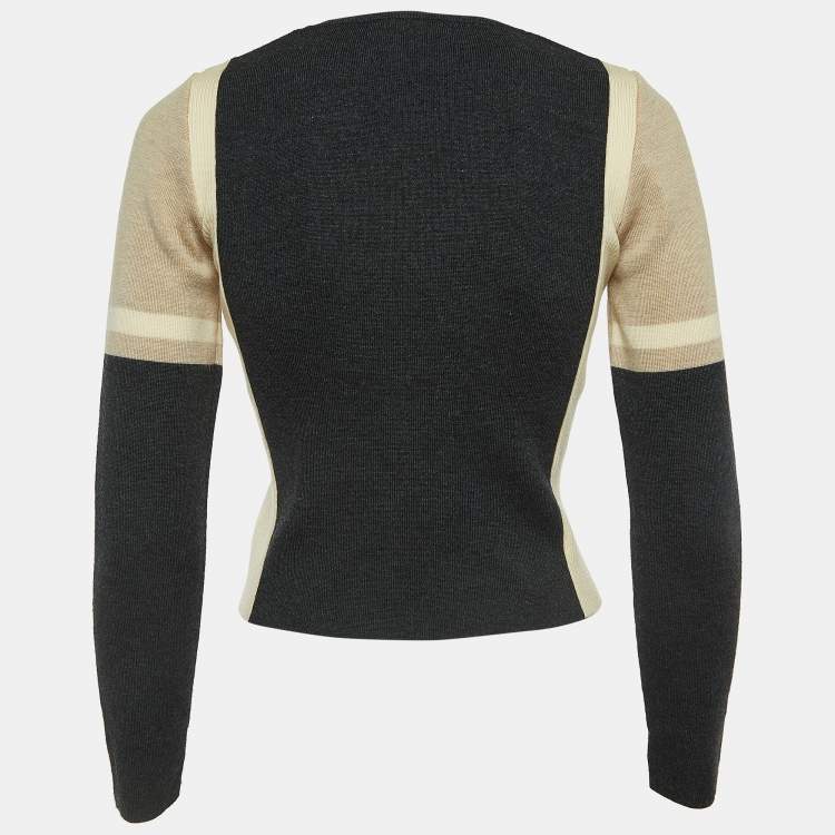 Pre Owned Chanel Beige/Grey Wool Zip Front Cardigan S