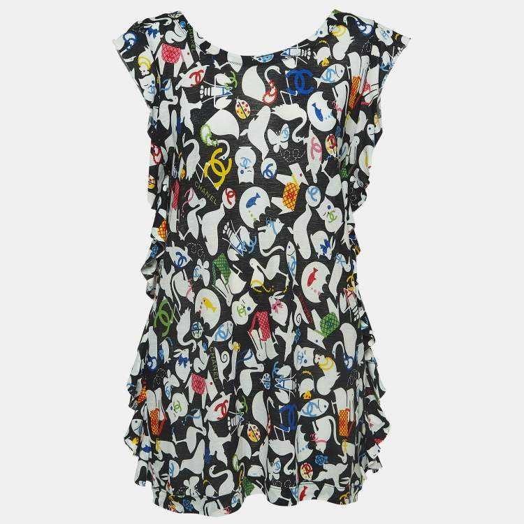 Pre Owned Chanel Black CC Illustration Print Cotton Jersey Ruffled Top L