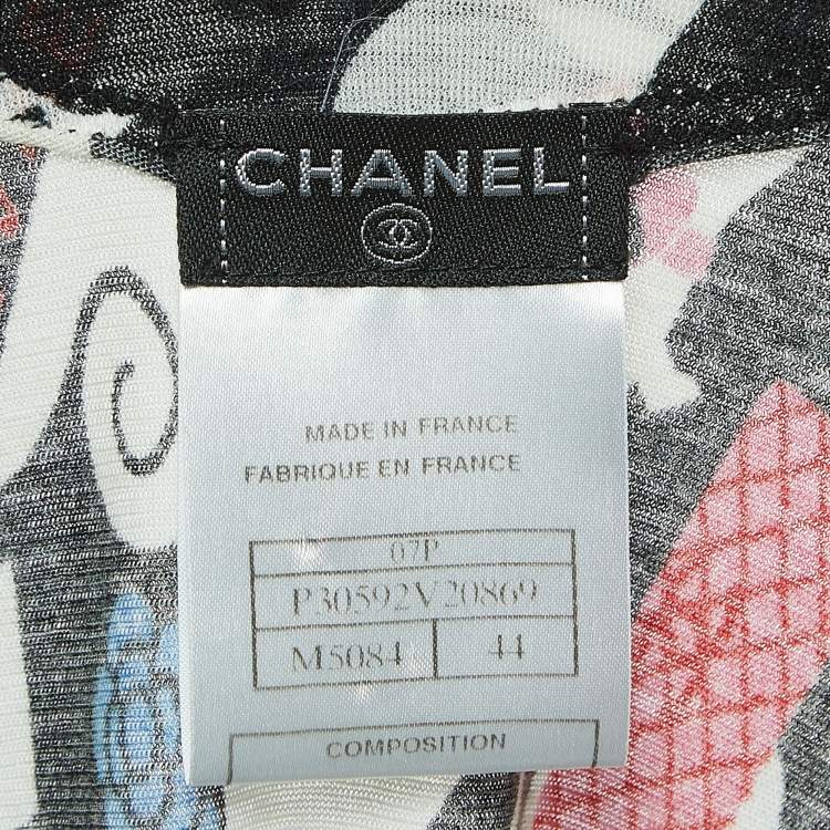Pre Owned Chanel Black CC Illustration Print Cotton Jersey Ruffled Top L