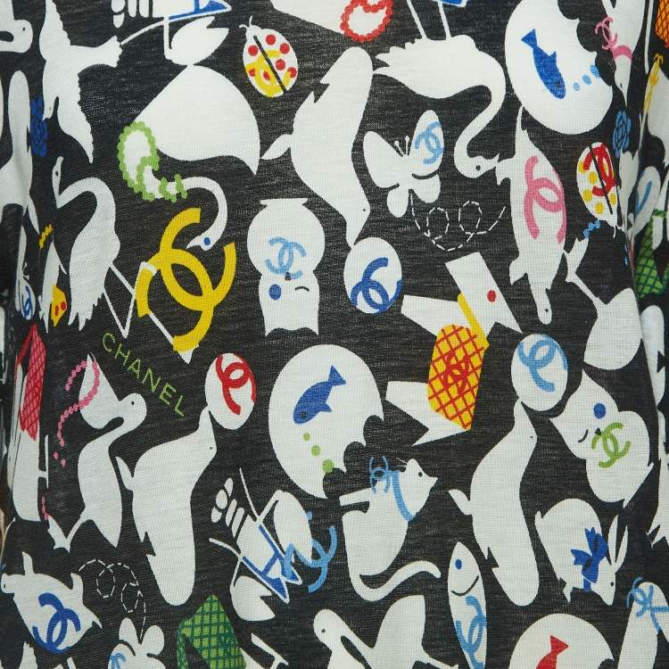 Pre Owned Chanel Black CC Illustration Print Cotton Jersey Ruffled Top L