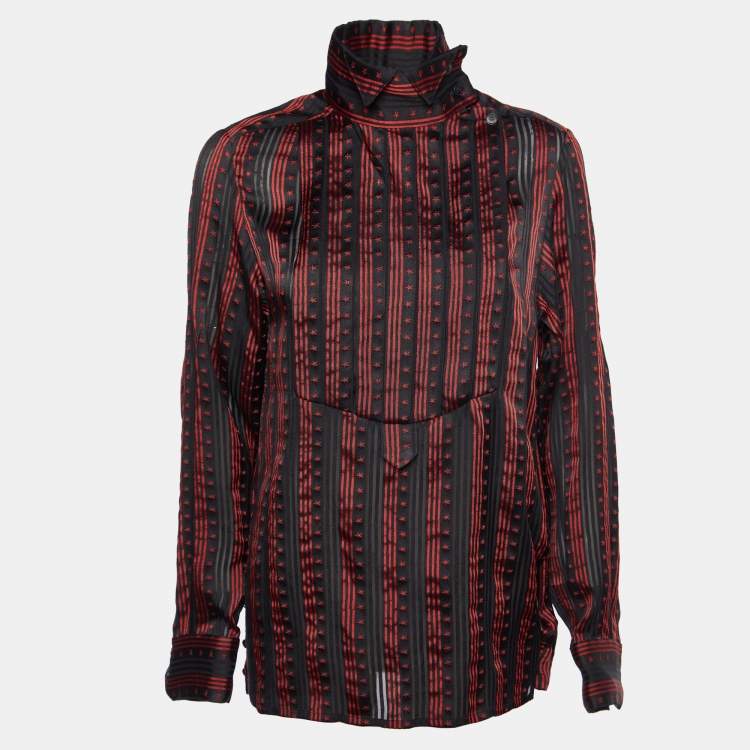 Pre Owned Chanel Black/Red Star Striped Silk Pleated Sheer Shirt L