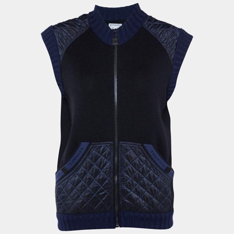 Pre Owned Chanel Sports Black/Navy Blue Knit Quilted Vest L
