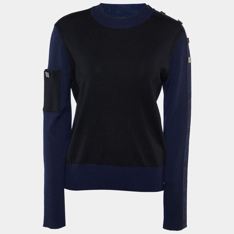 Pre Owned Chanel Navy Blue/Black Logo Patterned Wool High Neck Sweater L