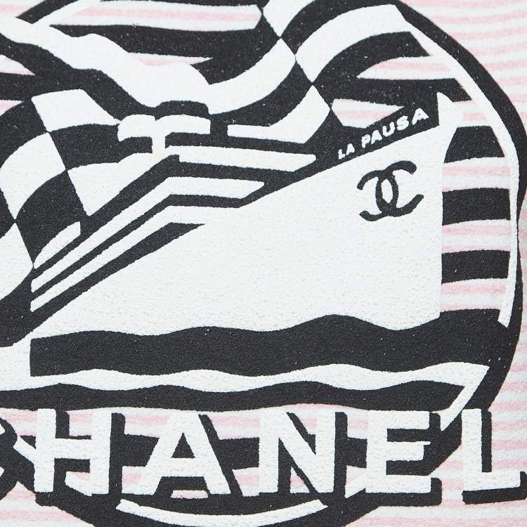 Pre Owned Chanel Pink Striped Logo Printed Terry T-Shirt S