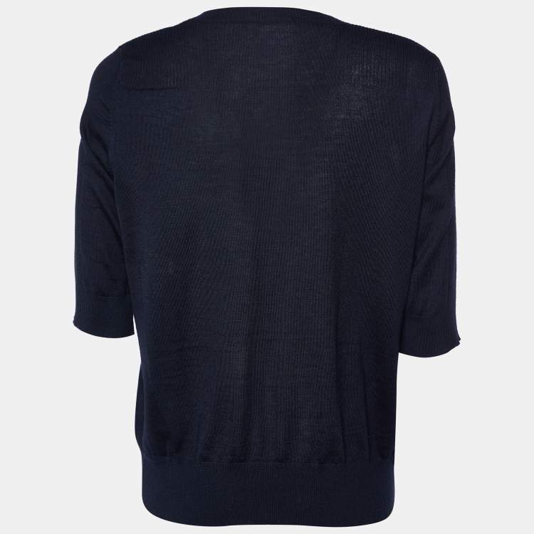 Pre Owned Chanel Dark Blue Cashmere & Silk Knit V-Neck Sweater XL