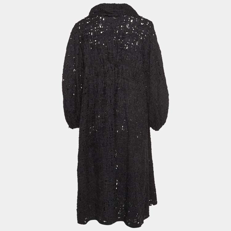 Pre Owned Chanel Black Silk Crochet Pattern Long Coat M