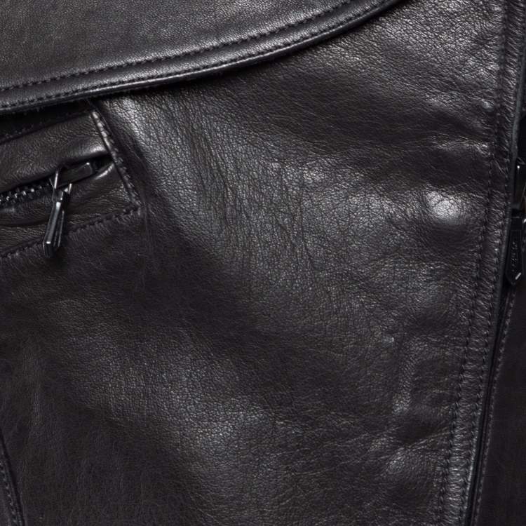 Pre Owned Chanel Black Leather Asymmetric Cropped Jacket S