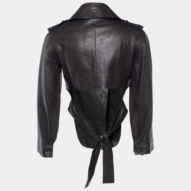 Pre Owned Chanel Black Leather Asymmetric Cropped Jacket S
