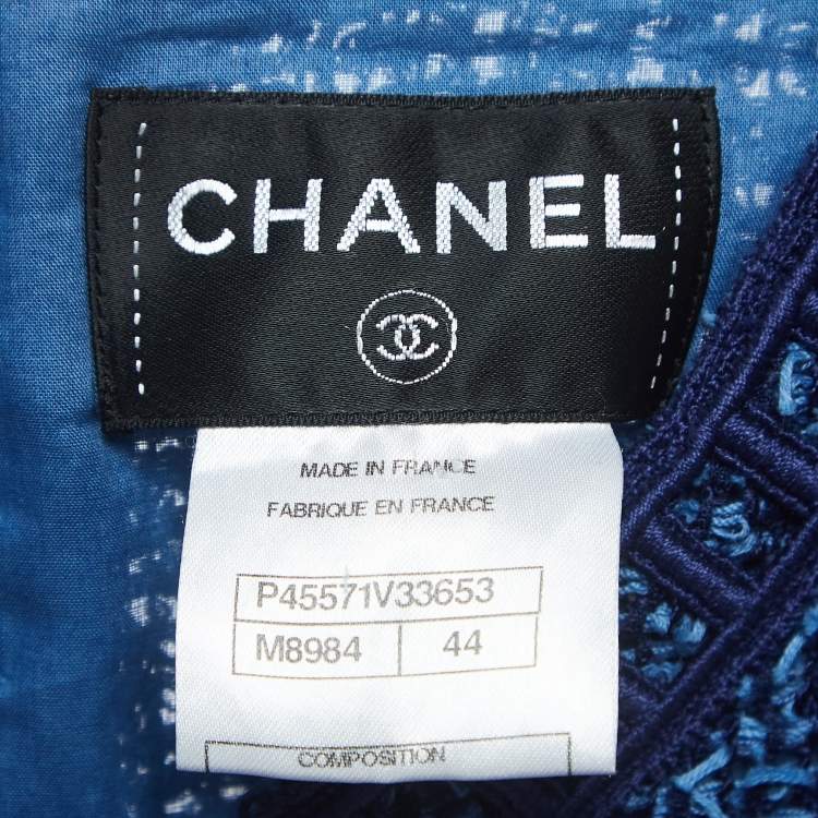 Pre Owned Chanel Blue Embroidered Tweed A-Line Midi Dress L