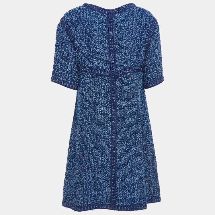 Pre Owned Chanel Blue Embroidered Tweed A-Line Midi Dress L