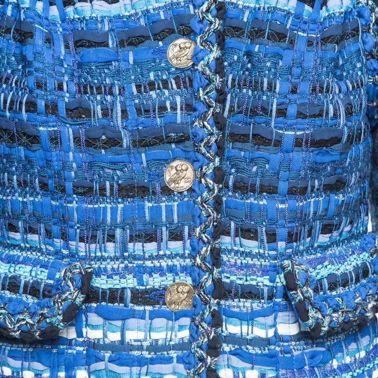 Pre Owned Chanel Blue Ribbon & Tweed Owl Button Jacket M