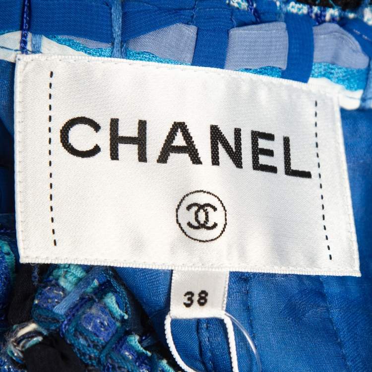 Pre Owned Chanel Blue Ribbon & Tweed Owl Button Jacket M