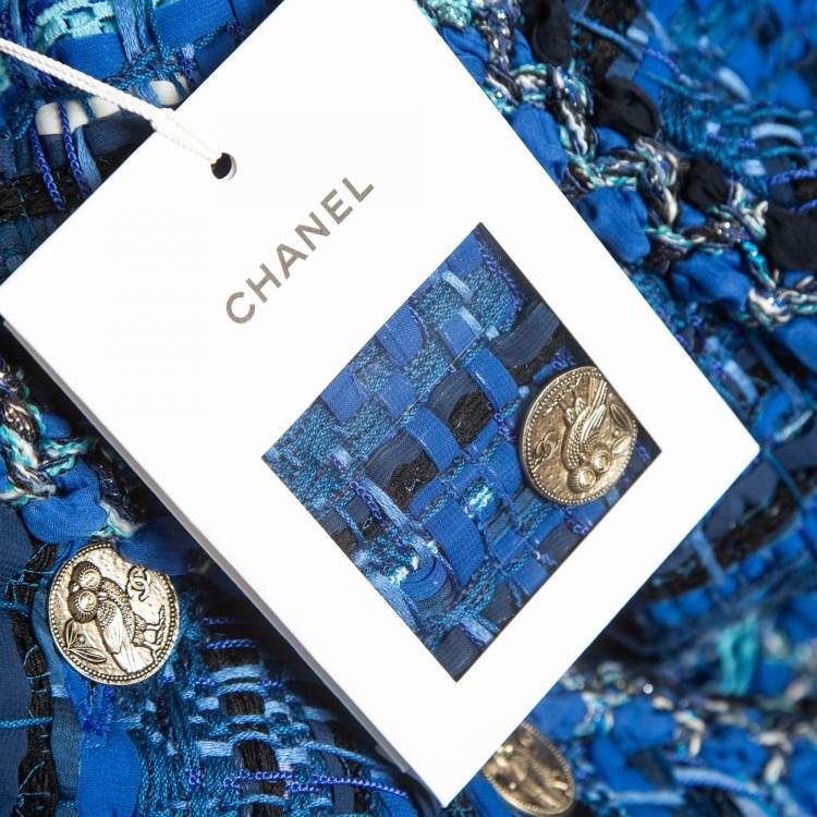 Pre Owned Chanel Blue Ribbon & Tweed Owl Button Jacket M
