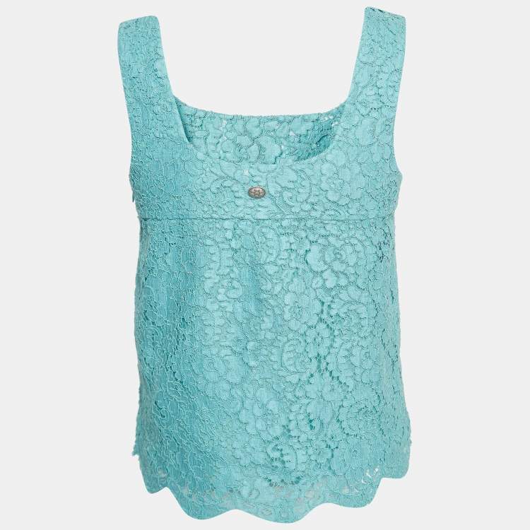 Pre Owned Chanel Blue Floral Pattern Lace Sleeveless Top S