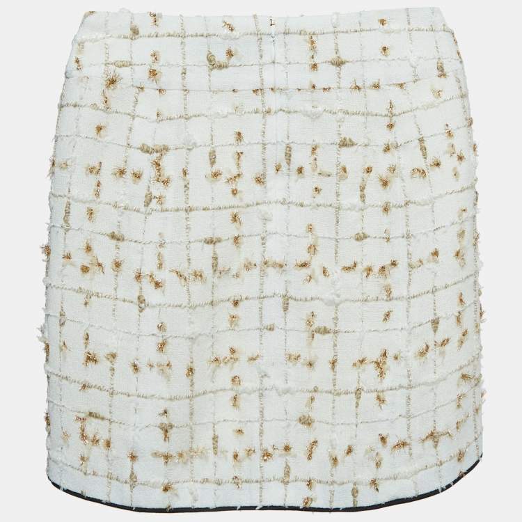 Pre Owned Chanel White/Gold Tweed Mini Skirt M