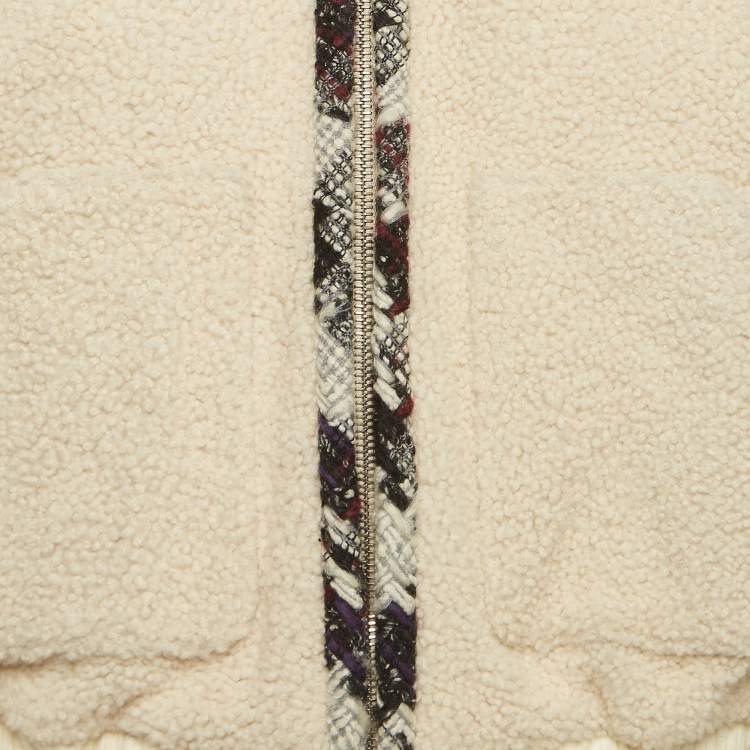 Pre Owned Chanel Off-White Logo Woven Shearling Zipper Jacket S