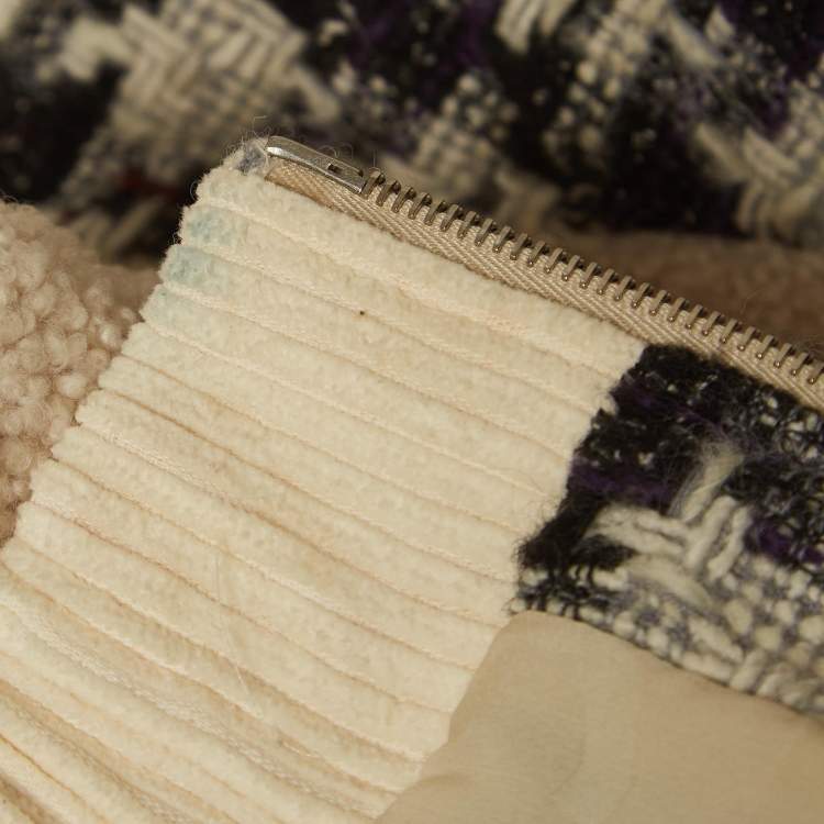 Pre Owned Chanel Off-White Logo Woven Shearling Zipper Jacket S