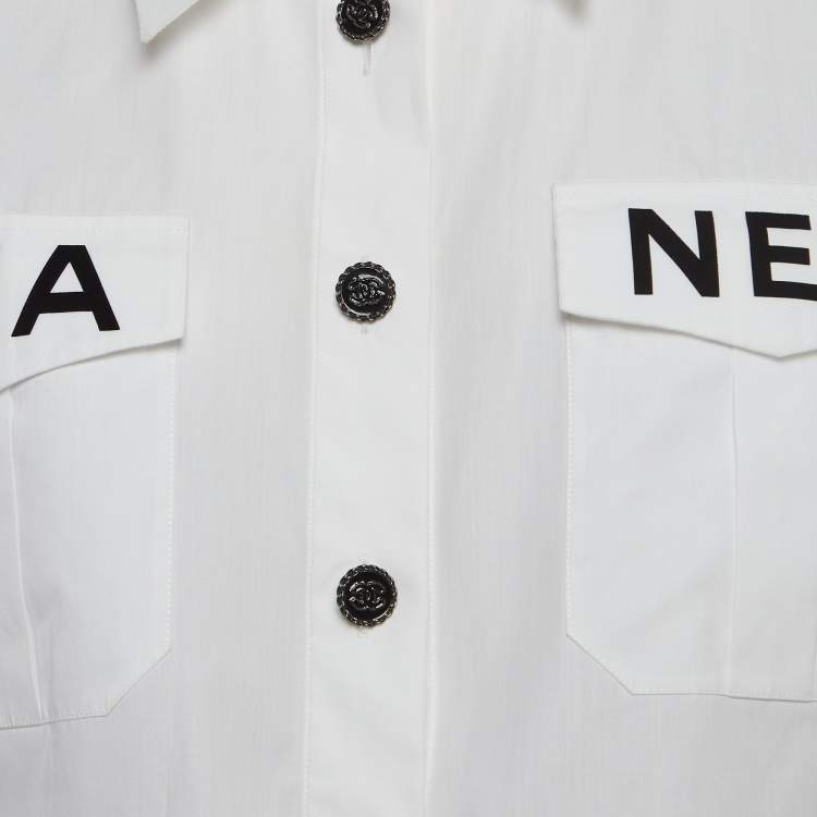 Pre Owned Chanel White Cotton Logo Patch Crop Shirt M