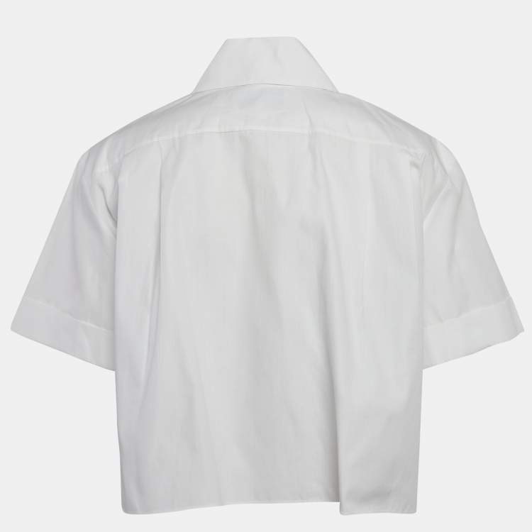 Pre Owned Chanel White Cotton Logo Patch Crop Shirt M