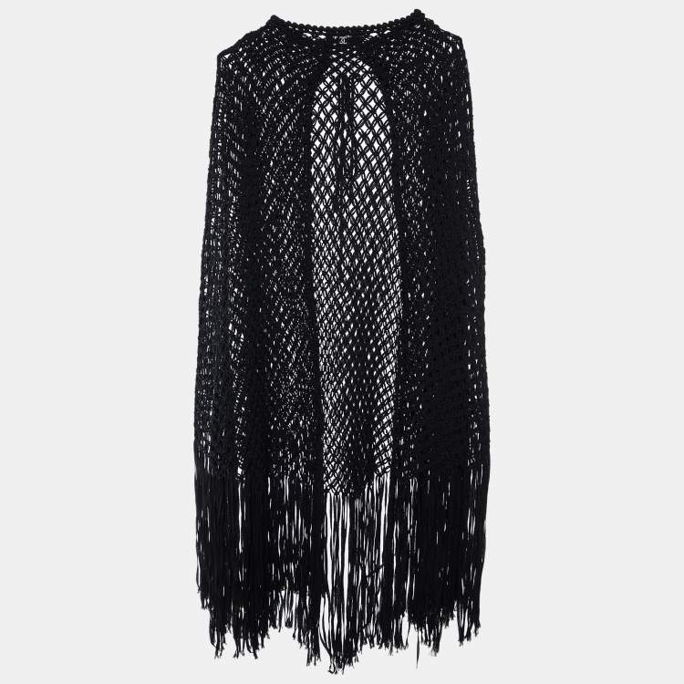 Pre Owned Chanel Black Wool Open Braid Fringed Cape L