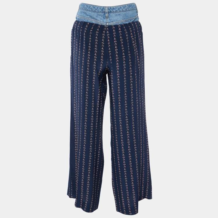 Pre Owned Chanel Navy Blue Printed Silk Denim Waistband Palazzo Pants M