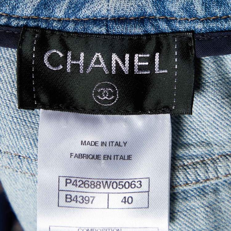 Pre Owned Chanel Navy Blue Printed Silk Denim Waistband Palazzo Pants M