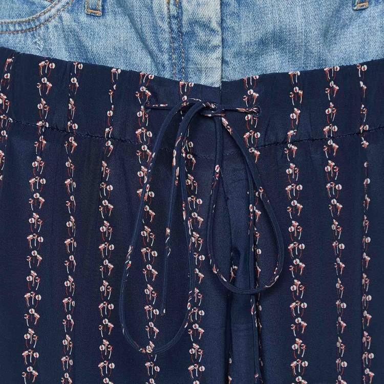 Pre Owned Chanel Navy Blue Printed Silk Denim Waistband Palazzo Pants M