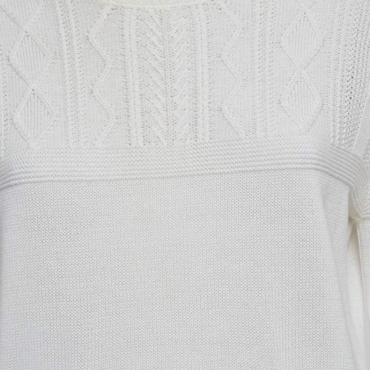 Pre Owned Chanel White Cable Knit Crew Neck Sweater L