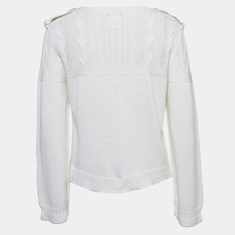 Pre Owned Chanel White Cable Knit Crew Neck Sweater L