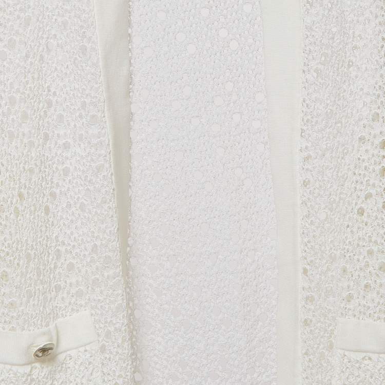 Pre Owned Chanel Off White Perforated Crochet Knit Open Front Cardigan M