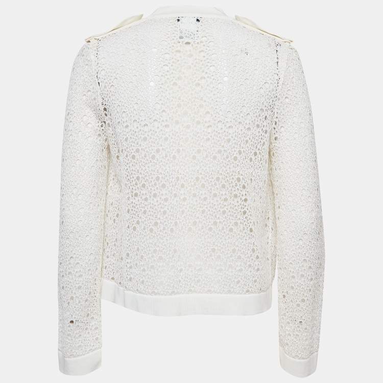 Pre Owned Chanel Off White Perforated Crochet Knit Open Front Cardigan M