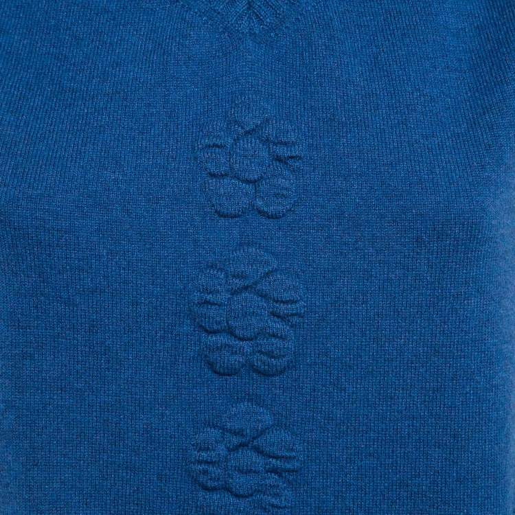 Pre Owned Chanel Blue Floral Textured Cashmere Knit V-Neck Vest M