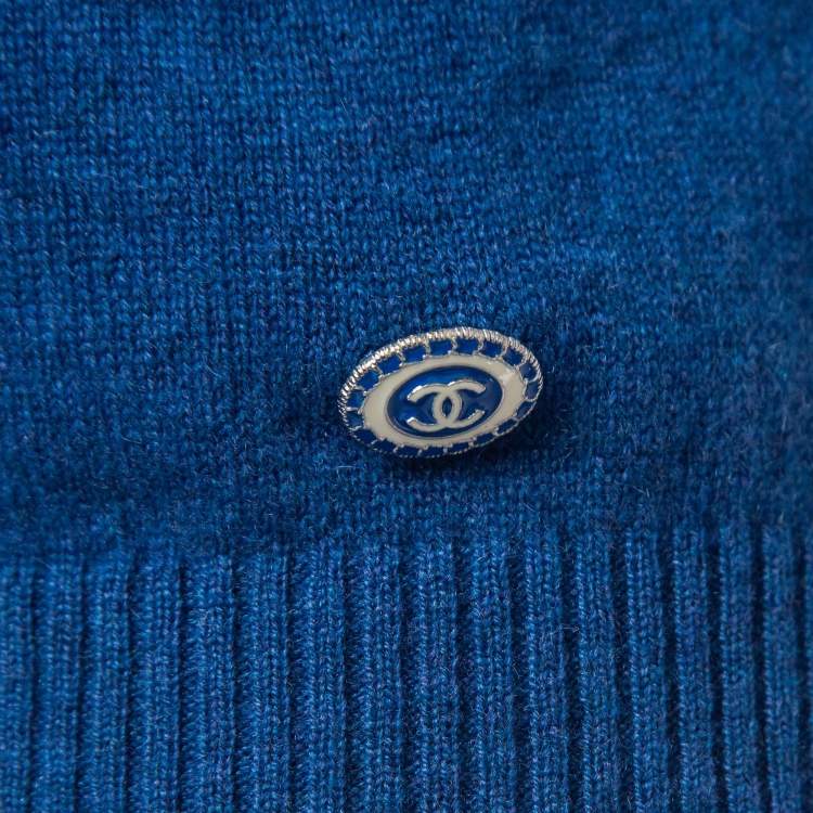 Pre Owned Chanel Blue Floral Textured Cashmere Knit V-Neck Vest M