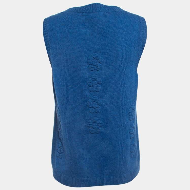 Pre Owned Chanel Blue Floral Textured Cashmere Knit V-Neck Vest M