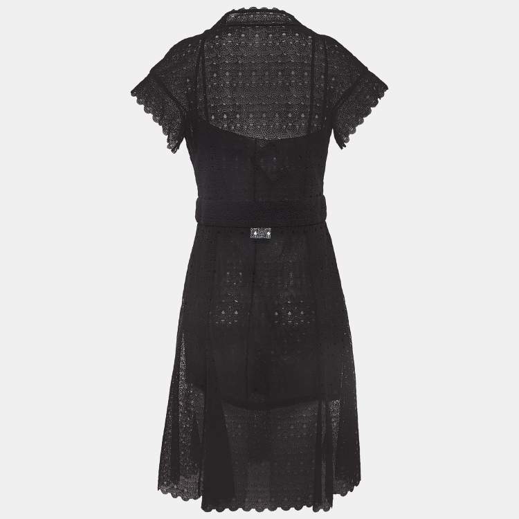 Pre Owned Chanel Black Cotton Crochet Semi Sheer Buttoned Wrap Dress M