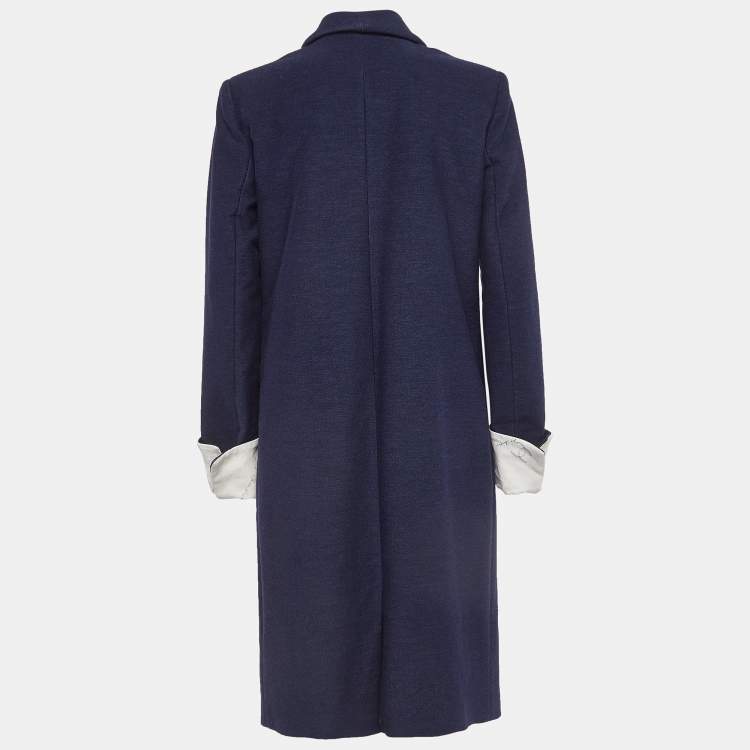 Pre Owned Chanel Blue Cotton Blend Double Breasted Mid-Length Coat M
