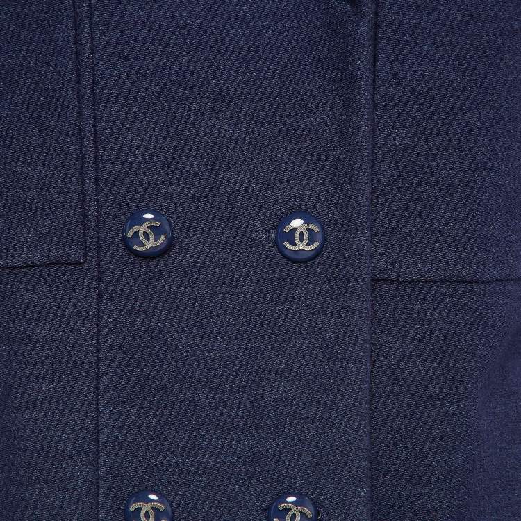 Pre Owned Chanel Blue Cotton Blend Double Breasted Mid-Length Coat M