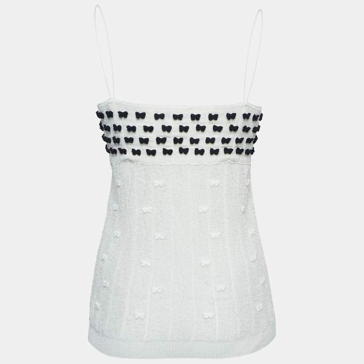 Pre Owned Chanel White Perforated Knit Bow Appliqued Sleeveless Top L