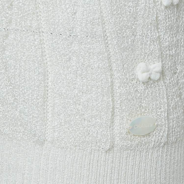 Pre Owned Chanel White Perforated Knit Bow Appliqued Sleeveless Top L