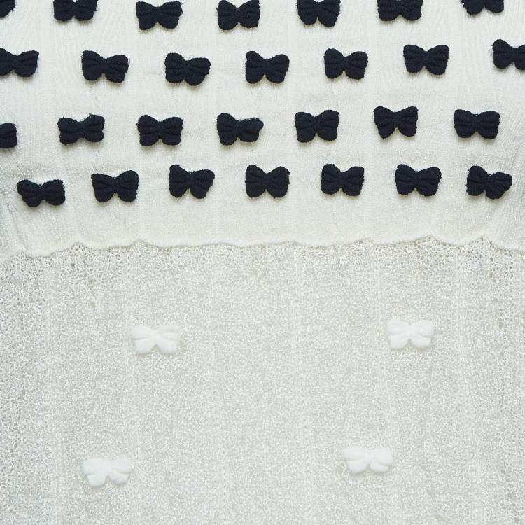 Pre Owned Chanel White Perforated Knit Bow Appliqued Sleeveless Top L