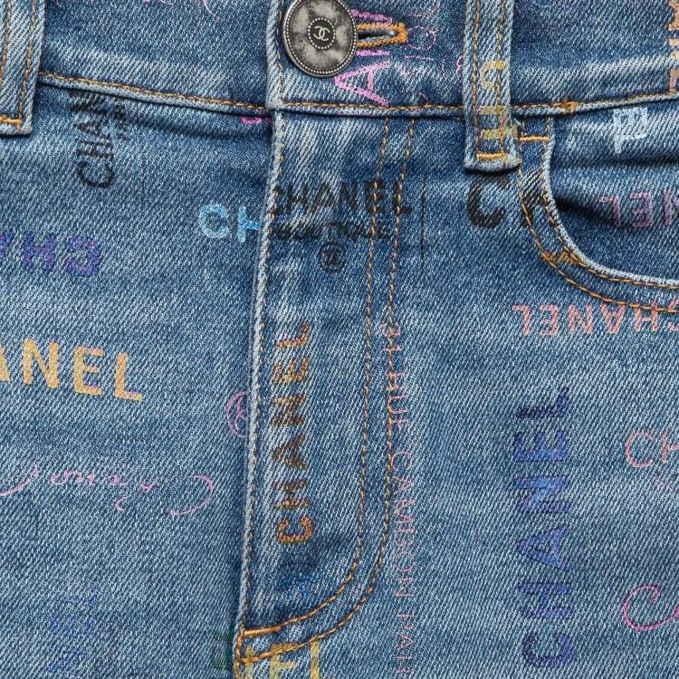 Pre Owned Chanel Blue All-Over Print Denim Stretch Jeans S Waist 24"